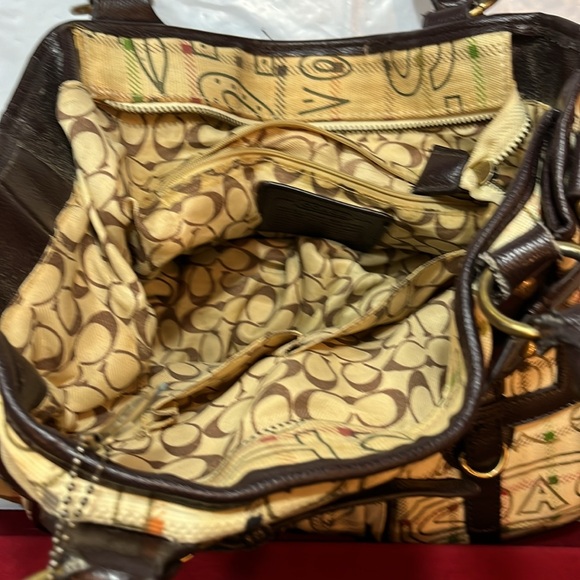 Coach BEIGE brown Tattersall Graffiti TOTE BAG PURSE 2 handles multi pockets 15” - Picture 7 of 16